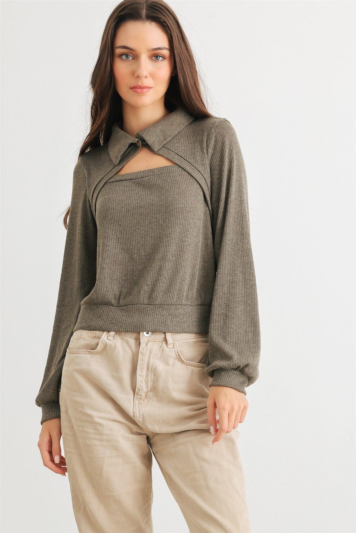 Olive Ribbed Cut-Out Front Collared Neck Long Sleeve Top /2-2-2