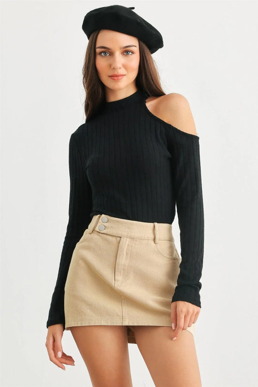 Black Ribbed Cold Shoulder Long Sleeve Mock Neck Bodysuit /2-2-2 - Tasha Apparel Wholesale