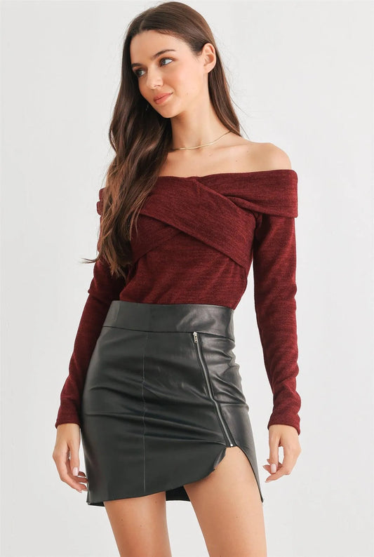 Burgundy Knit Criss-Cross Off-The-Shoulder Long Sleeve Top /2-2-2 - Tasha Apparel Wholesale