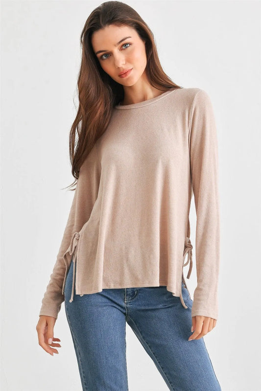 Taupe Crew Neck Long Sleeve Tie Side Top /2-2-2 - Tasha Apparel Wholesale
