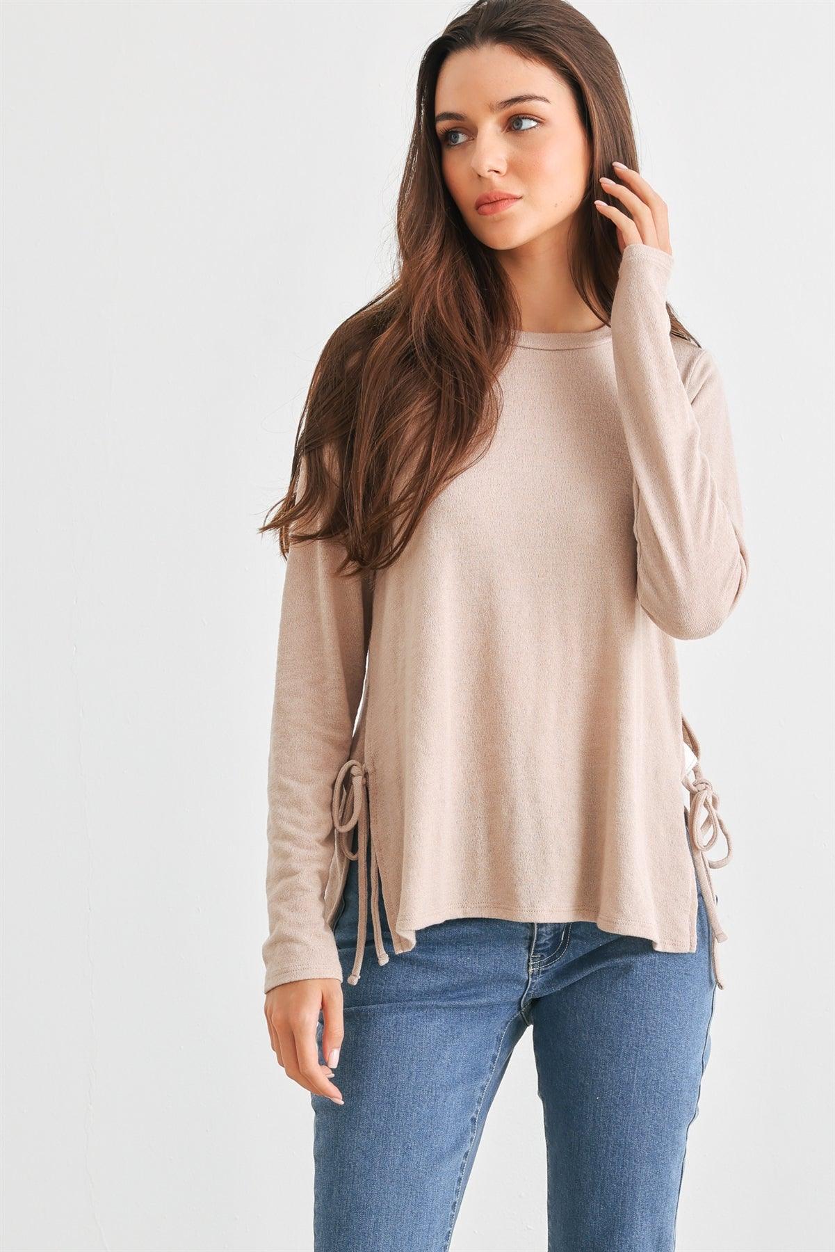 Taupe Crew Neck Long Sleeve Tie Side Top /2-2-2