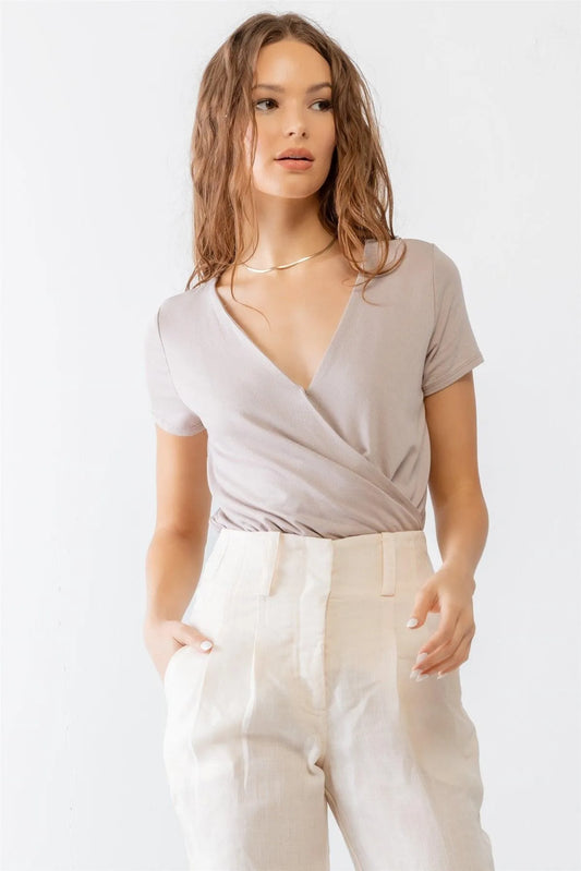 Beige Mauve Viscose Wrap Neck Short Sleeve Bodysuit /2-2-2 - Tasha Apparel Wholesale