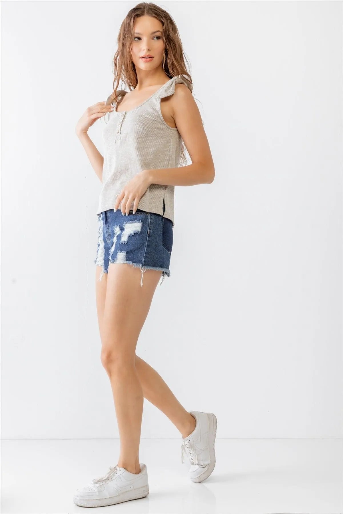 Warm Grey Ribbed Button Neck Tank Top /2-2-2 - Tasha Apparel Wholesale