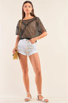 Black&Yellow Sequin Net Frill Detail Round Neck Relaxed Fit Mesh Hem Top /1-2-1 - Tasha Apparel Wholesale