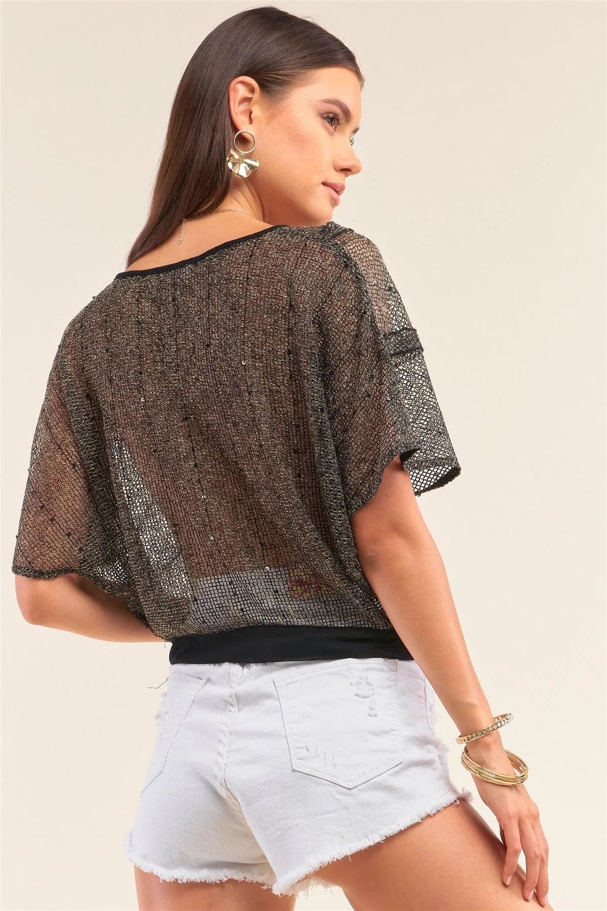 Black&Yellow Sequin Net Frill Detail Round Neck Relaxed Fit Mesh Hem Top /1-2-1 - Tasha Apparel Wholesale