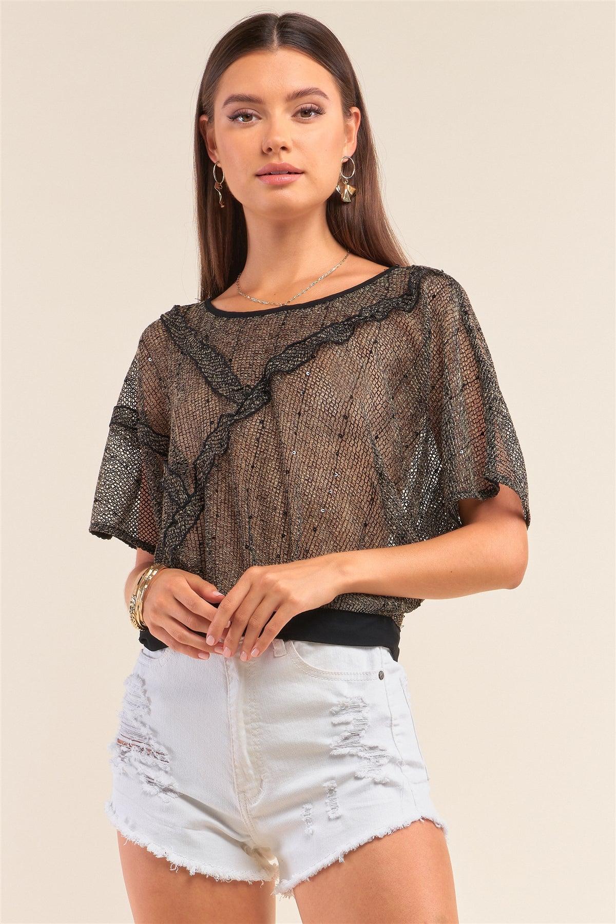 Black&Yellow Sequin Net Frill Detail Round Neck Relaxed Fit Mesh Hem Top /1-2-1