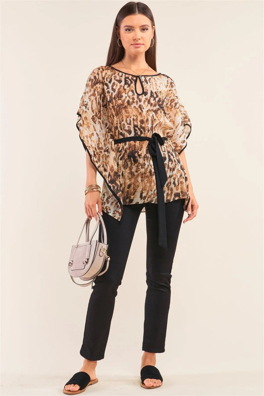 Mist Gold Leopard Print Round Neck Cut-Out Loop Detail Self-Tie Waist Wing Sleeve Top /2-2-2 - Tasha Apparel Wholesale