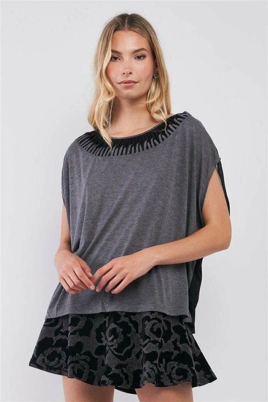 Grey & Black Color Block Interlocking Trim Neckline Mesh Back Detail Loose Fit Top - Tasha Apparel Wholesale