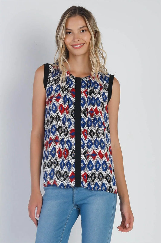 Red Multi Geometric Print Sleeveless Round Neck Loose Fit Top /1-2-2-1 - Tasha Apparel Wholesale