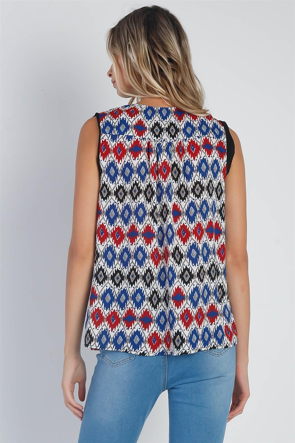 Red Multi Geometric Print Sleeveless Round Neck Loose Fit Top /1-2-2-1