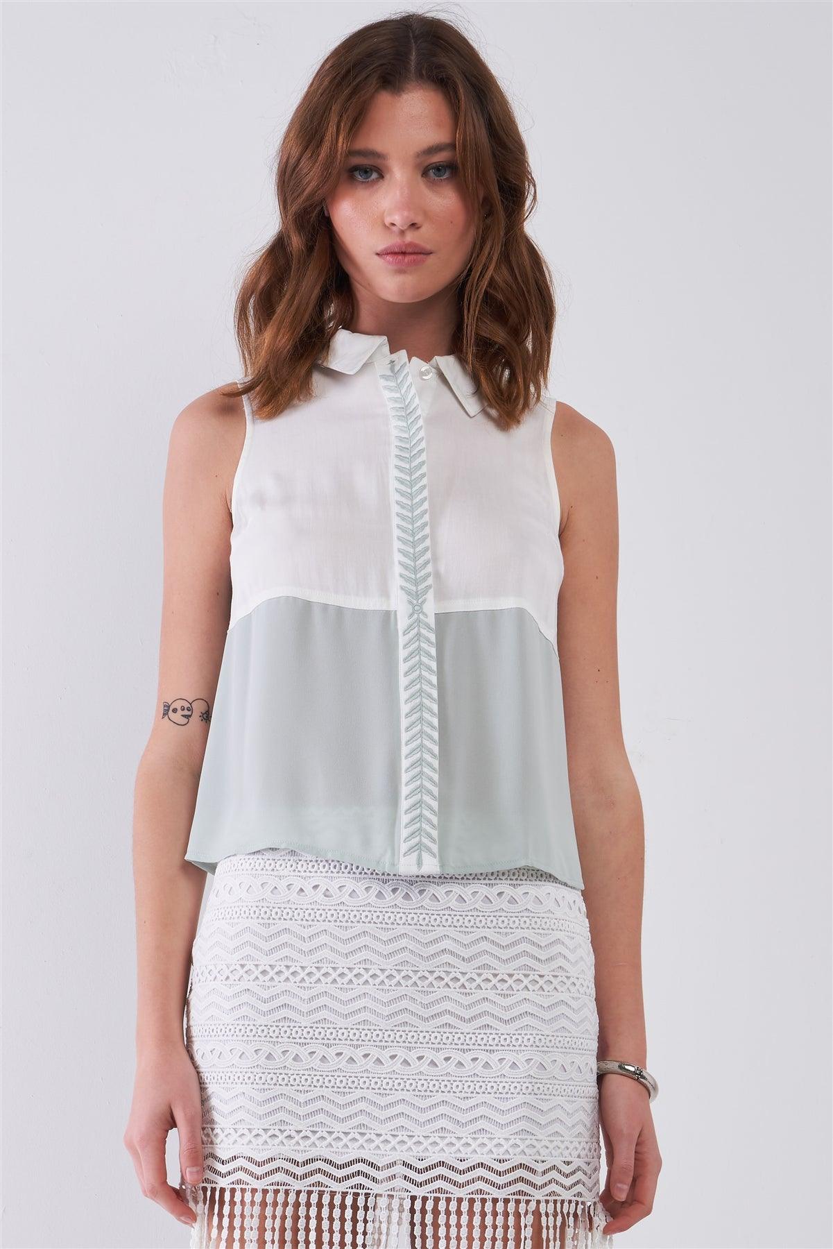 Mint & White Color Block Sleeveless Embroidered Detail Button-Down High Neck Top /1-2-1
