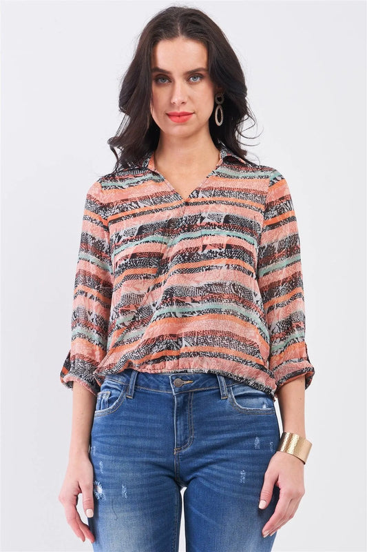Coral Multi Print Wrap Collared V-Neck Rolled-Up Sleeve Front Pockets Back Cut-Out Detail Shirt Top - Tasha Apparel Wholesale