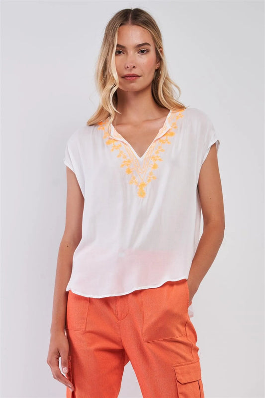 White & Orange Embroidery Boho V-Neck Short Sleeve Tunic Top /1-2-3 - Tasha Apparel Wholesale