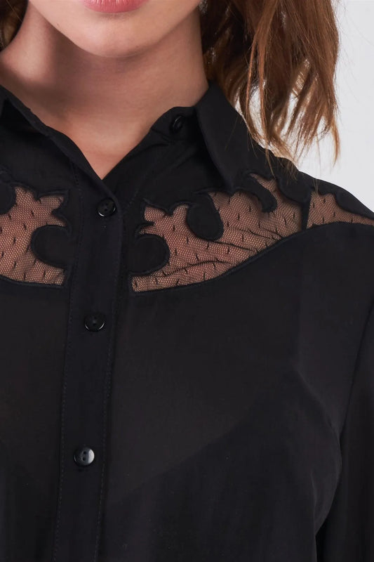 Black Embroidered Sheer Mesh Insert Detail Button-Down Front Shirt Top /1-1-2 - Tasha Apparel Wholesale