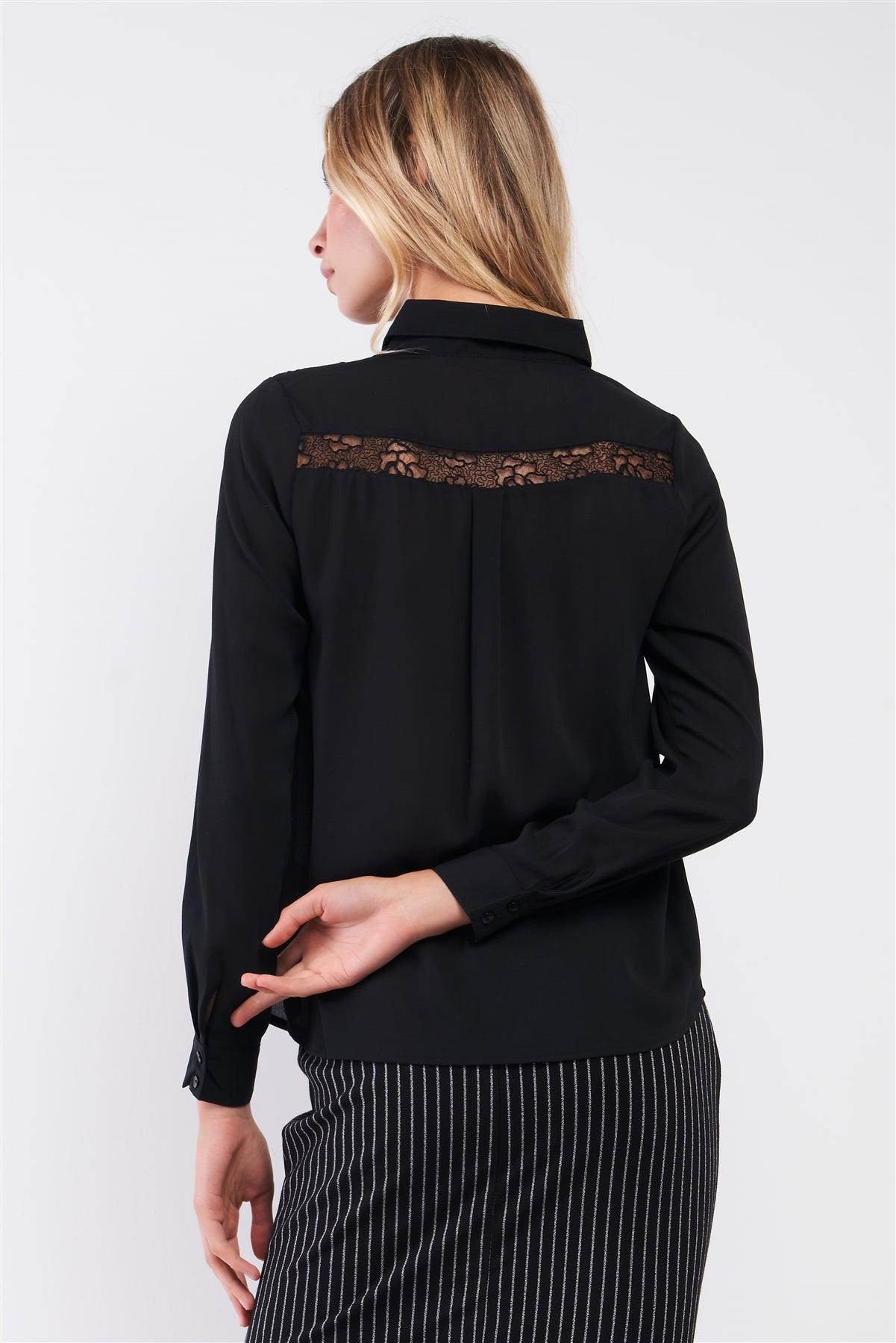 Black Embroidered Sheer Mesh Insert Detail Classic Collar Button-Down Front Shirt Top