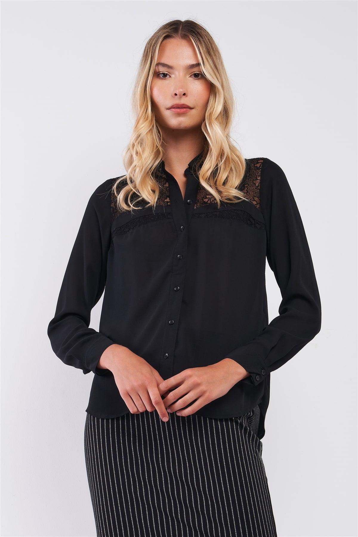 Black Embroidered Sheer Mesh Insert Detail Classic Collar Button-Down Front Shirt Top