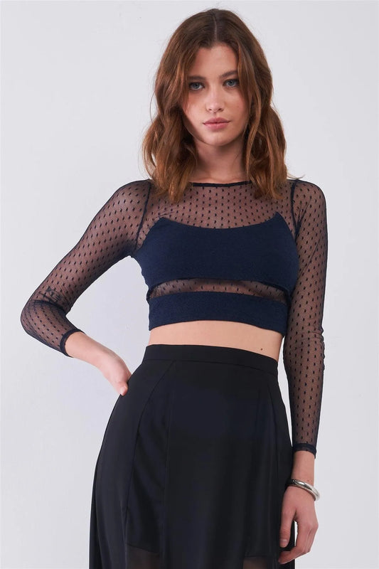 Navy Combo Sheer Lace Mesh Polka Dot Long Sleeve Crop Top /1-2-2-1 - Tasha Apparel Wholesale