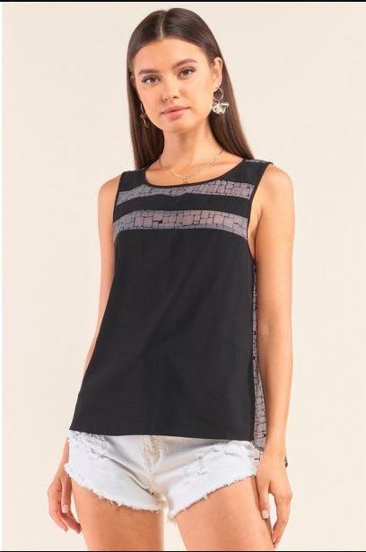Grey And Black Sleeveless Relaxed Fit Brick Pattern Print Mesh Round Neck Top