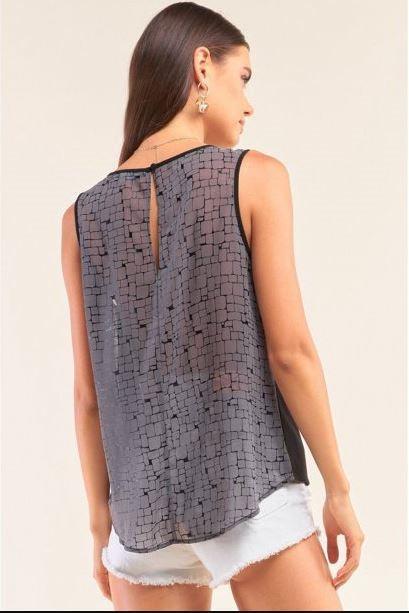 Grey And Black Sleeveless Relaxed Fit Brick Pattern Print Mesh Round Neck Top