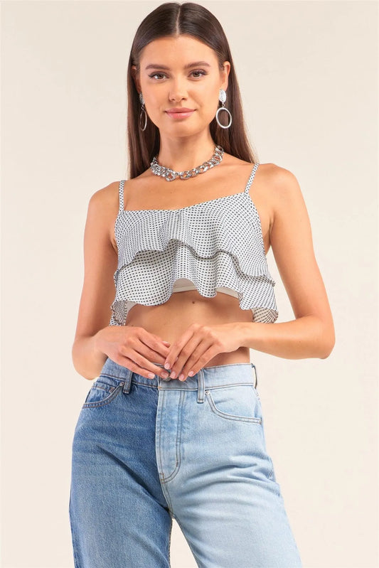 White And Navy Sleeveless Polka Square Layered Smock Back Cropped Top /3-2 - Tasha Apparel Wholesale