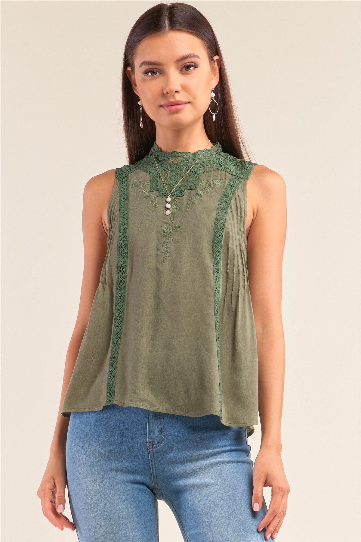 Forest Green Sleeveless Crochet Embroidered Hem Pleated Babydoll Top /1-2-2