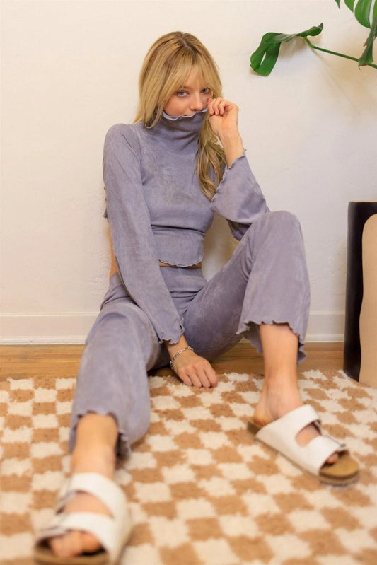 Grey Ribbed Suede Back Lace Down Turtle Neck Crop Top & Flare Pant Set /4-2-1 - Tasha Apparel Wholesale
