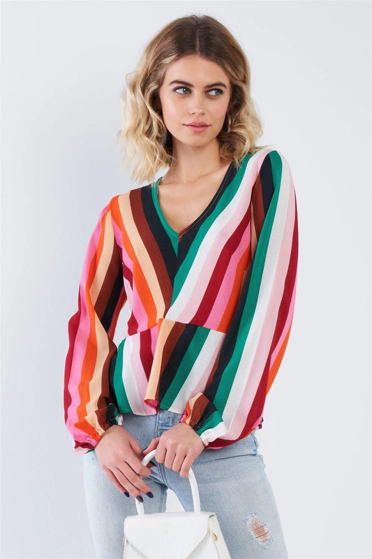 Multi Stripe V-Neck Flounce Trim Peplum Top /2-1-1 - Tasha Apparel Wholesale