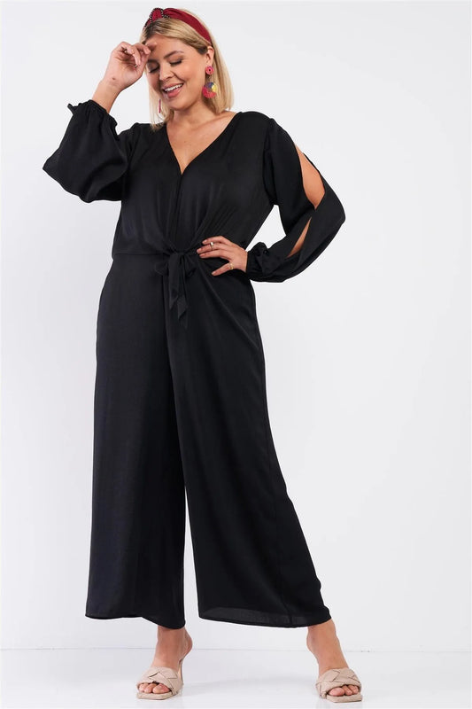 Junior Plus Size Black Satin V-Neck Self-Tie Waist Slit Sleeve Detail Jumpsuit /1-1-1 - Tasha Apparel Wholesale