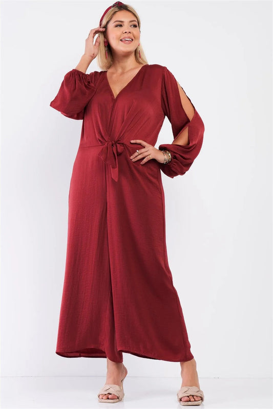 Junior Plus Size Sangria Red Satin V-Neck Self-Tie Waist Slit Sleeve Detail Jumpsuit /1-1-1 - Tasha Apparel Wholesale