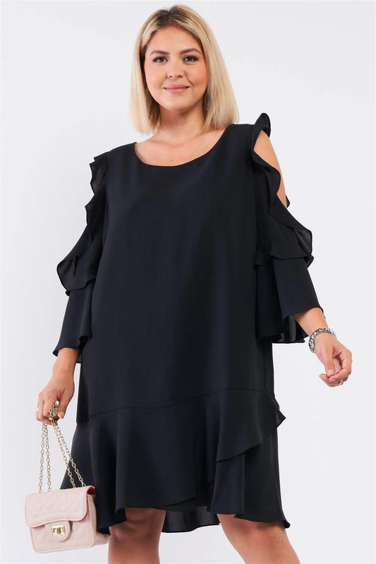 Junior Plus Black Midi Sleeve Flare Hem Layered Bottom Off-The-Shoulder Mini Dress /1-1-1 - Tasha Apparel Wholesale