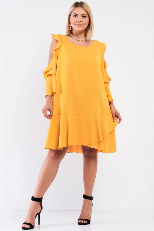 Junior Plus Mustard Midi Sleeve Flare Hem Layered Bottom Off-The-Shoulder Mini Dress /1-1-1 - Tasha Apparel Wholesale