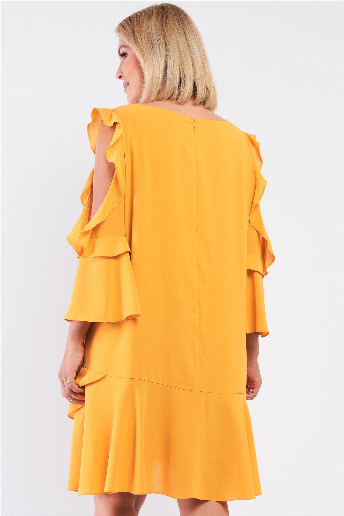 Junior Plus Mustard Midi Sleeve Flare Hem Layered Bottom Off-The-Shoulder Mini Dress /1-1-1