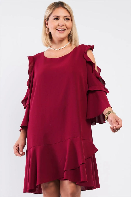 Junior Plus Rose-Wood Midi Sleeve Flare Hem Layered Bottom Off-The-Shoulder Mini Dress /1-1-1 - Tasha Apparel Wholesale