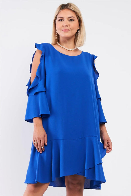 Junior Plus Royal Blue Midi Sleeve Flare Hem Layered Bottom Off-The-Shoulder Mini Dress /1-1-1 - Tasha Apparel Wholesale