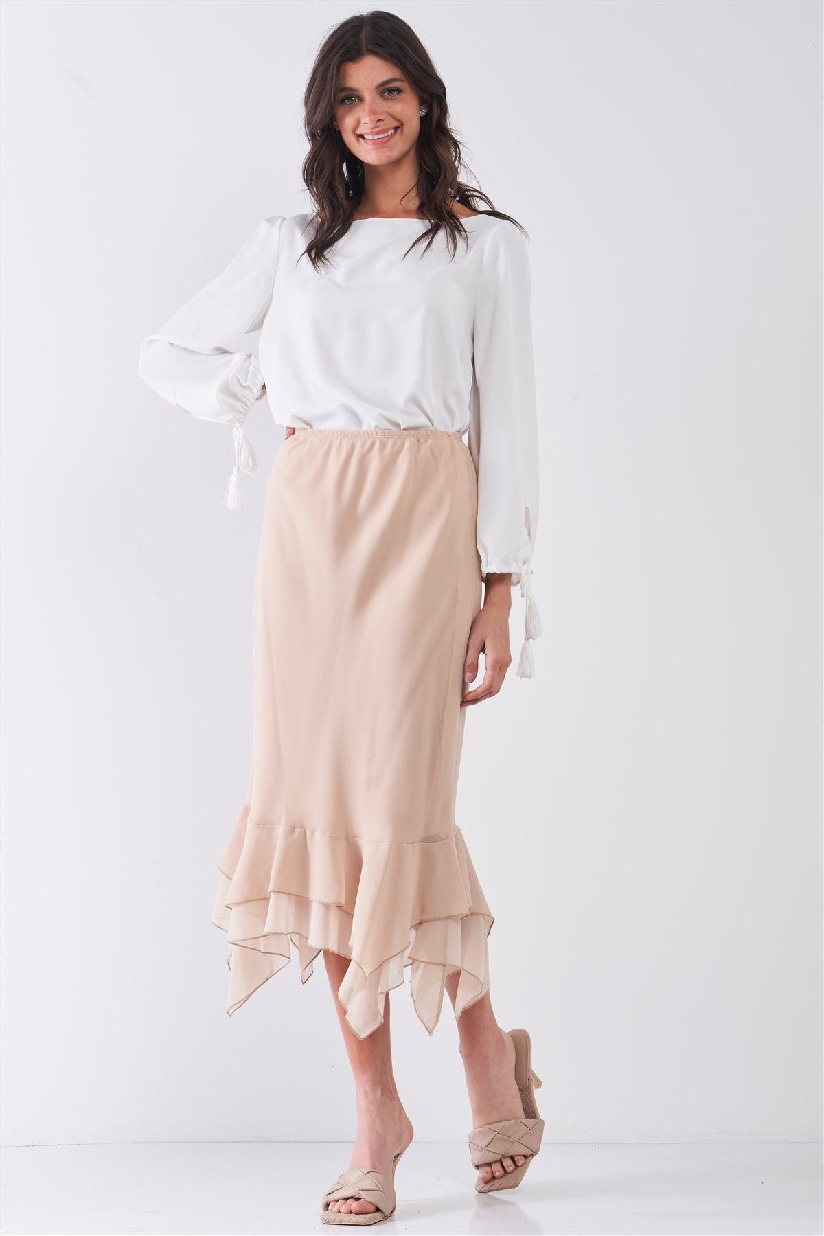 Beige High-Waisted Fitted Asymmetrical Flare Hem Midi Pencil Skirt
