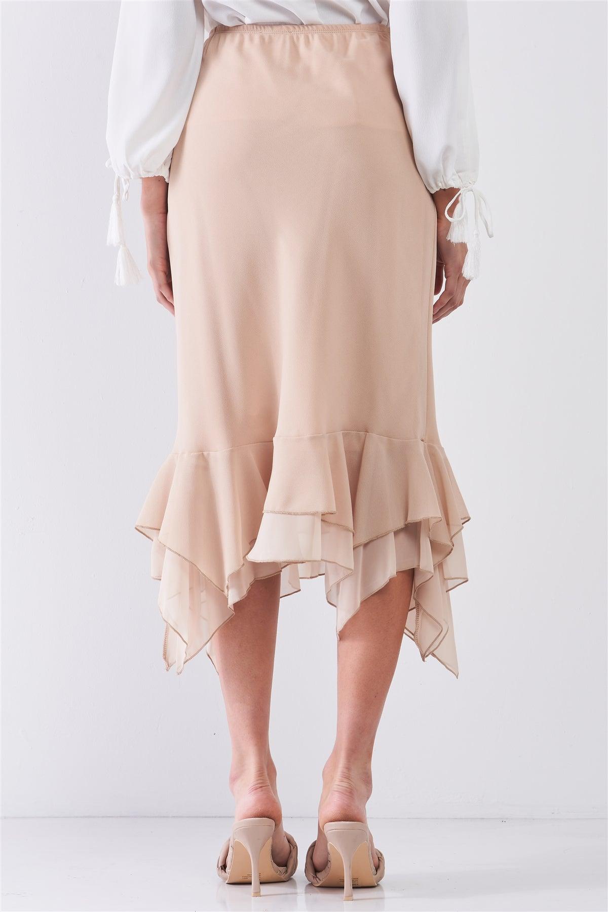 Beige High-Waisted Fitted Asymmetrical Flare Hem Midi Pencil Skirt