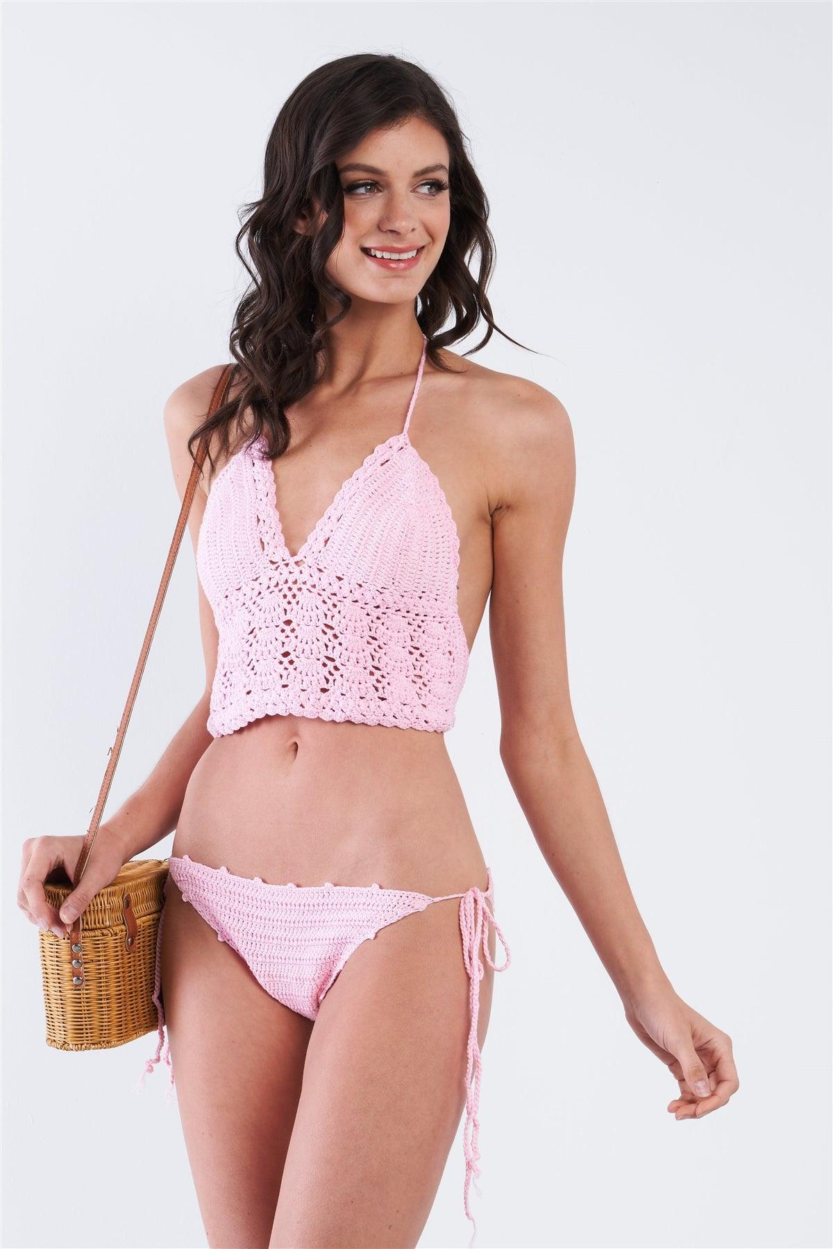 Pink Self-Tie Halter Neck Crochet Two Piece Swimsuit - OS