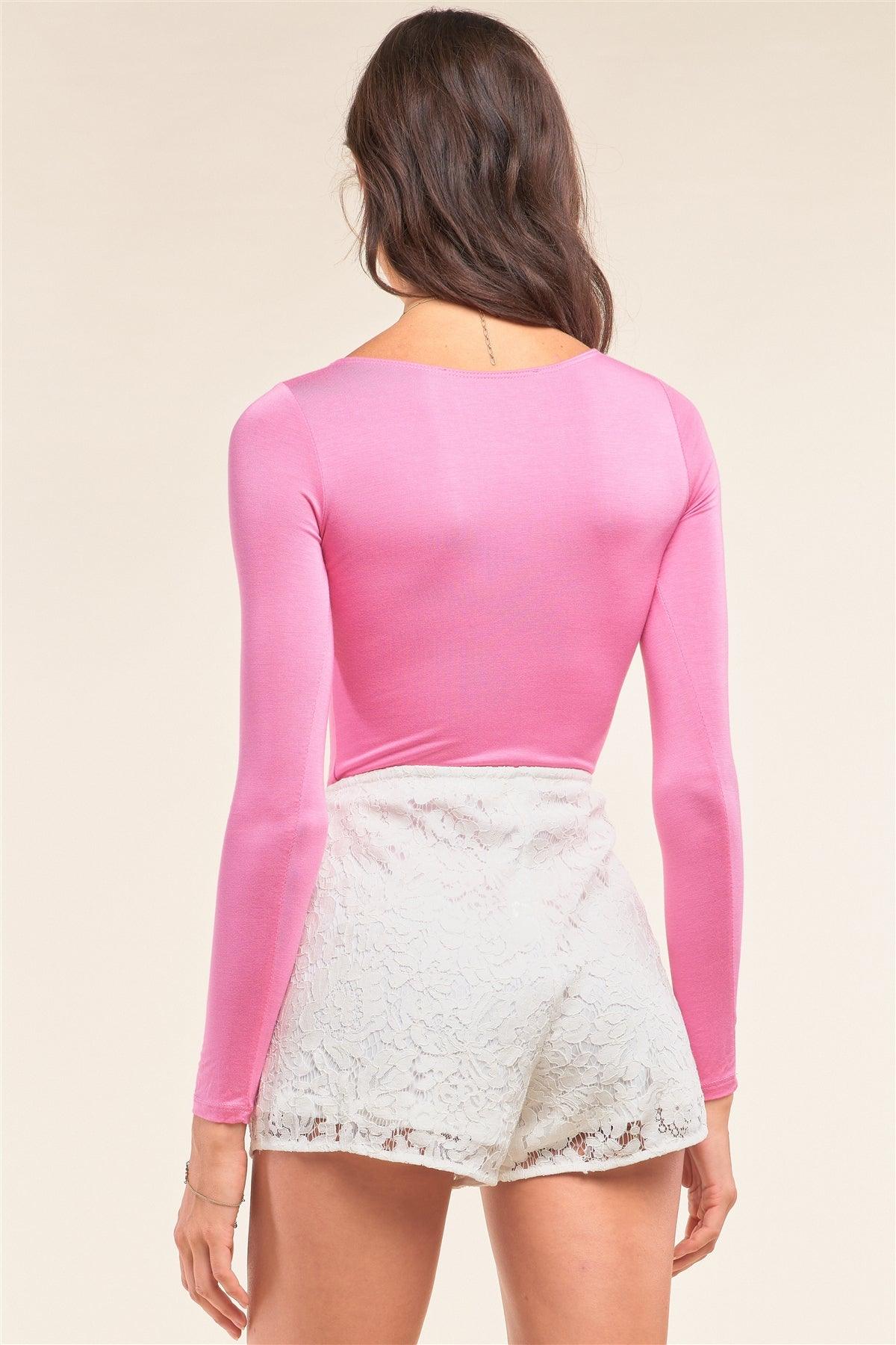 Pink Plain Tight Fit Long Sleeve Round Neck Bodysuit /2-2-2-1