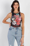 Black Mesh Floral Print Sleeveless Bodysuit - Tasha Apparel Wholesale