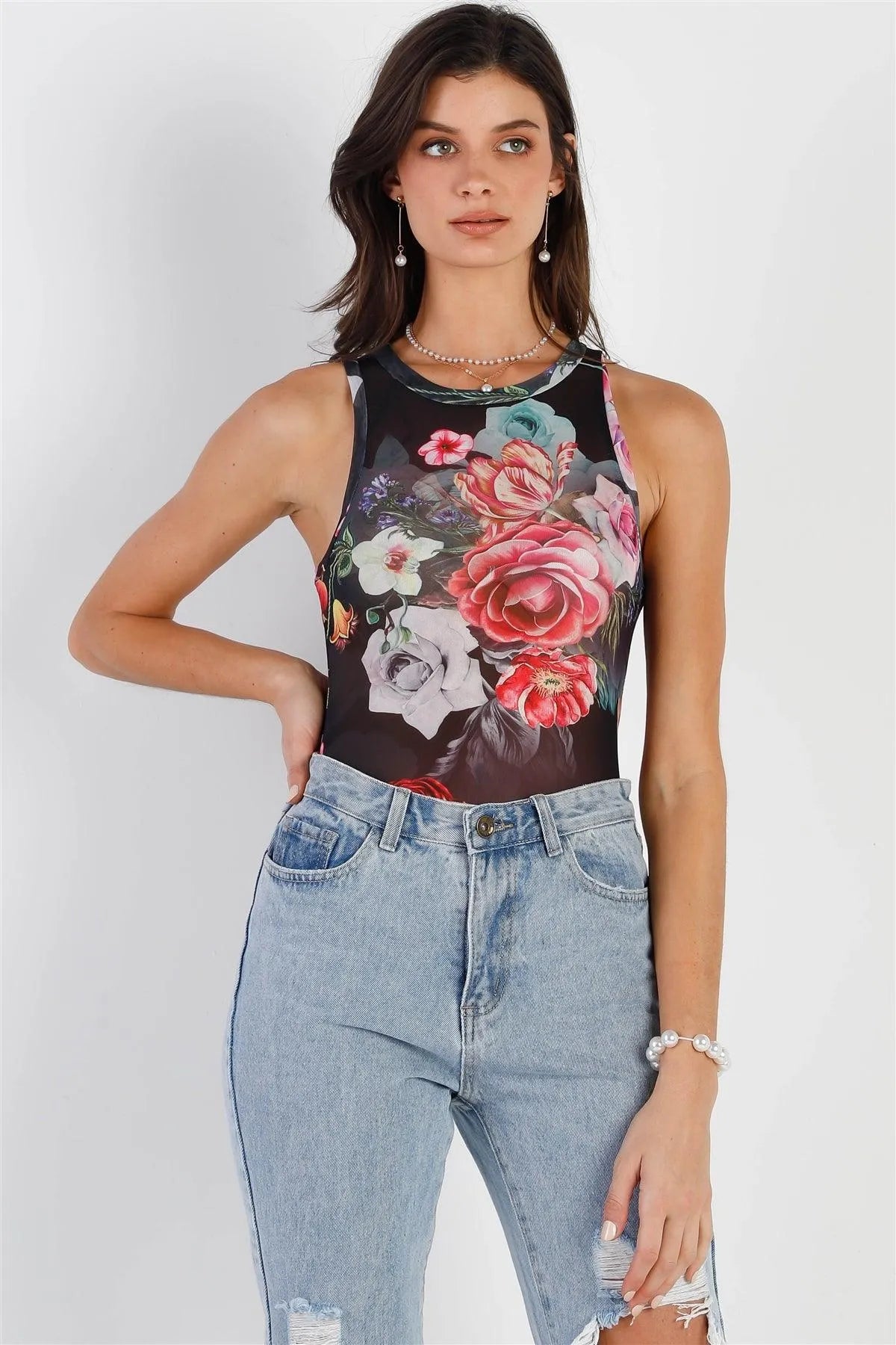 Black Mesh Floral Print Sleeveless Bodysuit - Tasha Apparel Wholesale