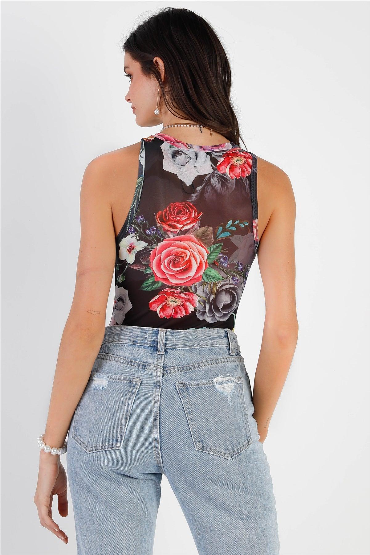 Black Mesh Floral Print Sleeveless Bodysuit