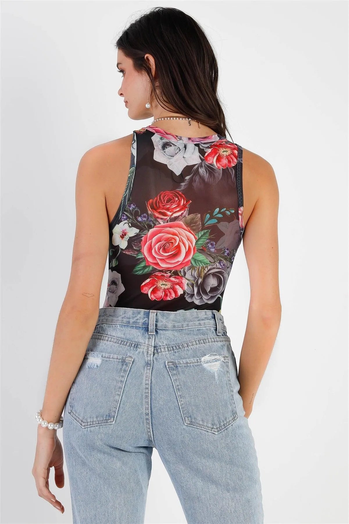 Black Mesh Floral Print Sleeveless Bodysuit - Tasha Apparel Wholesale