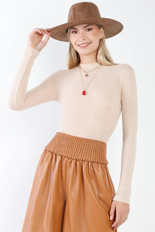 Taupe Ribbed Knit Long Sleeve Bodysuit /3-2-1 - Tasha Apparel Wholesale