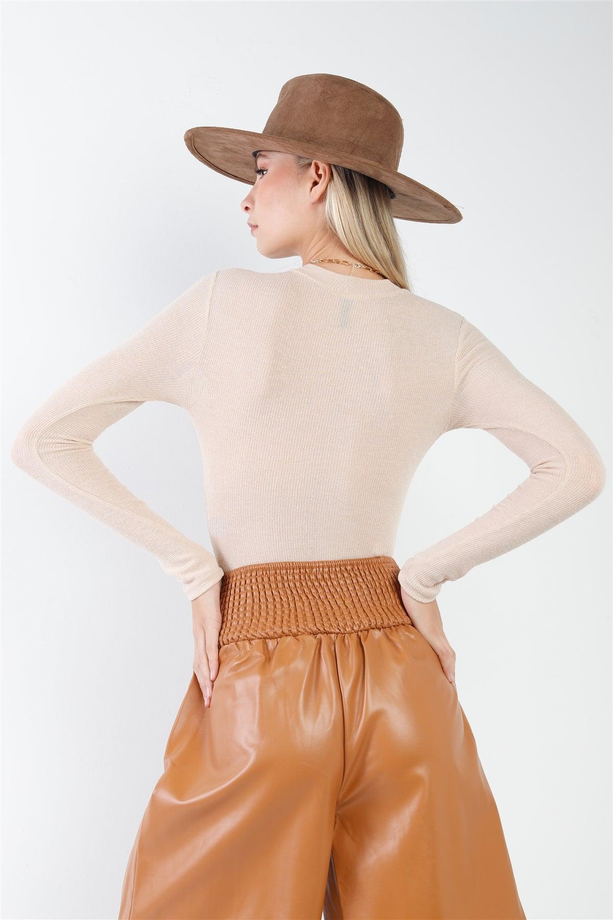 Taupe Ribbed Knit Long Sleeve Bodysuit /3-2-1