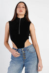 Black Cotton Zip-Up Mock Neck High Cut Bodysuit /3-2-1 - Tasha Apparel Wholesale
