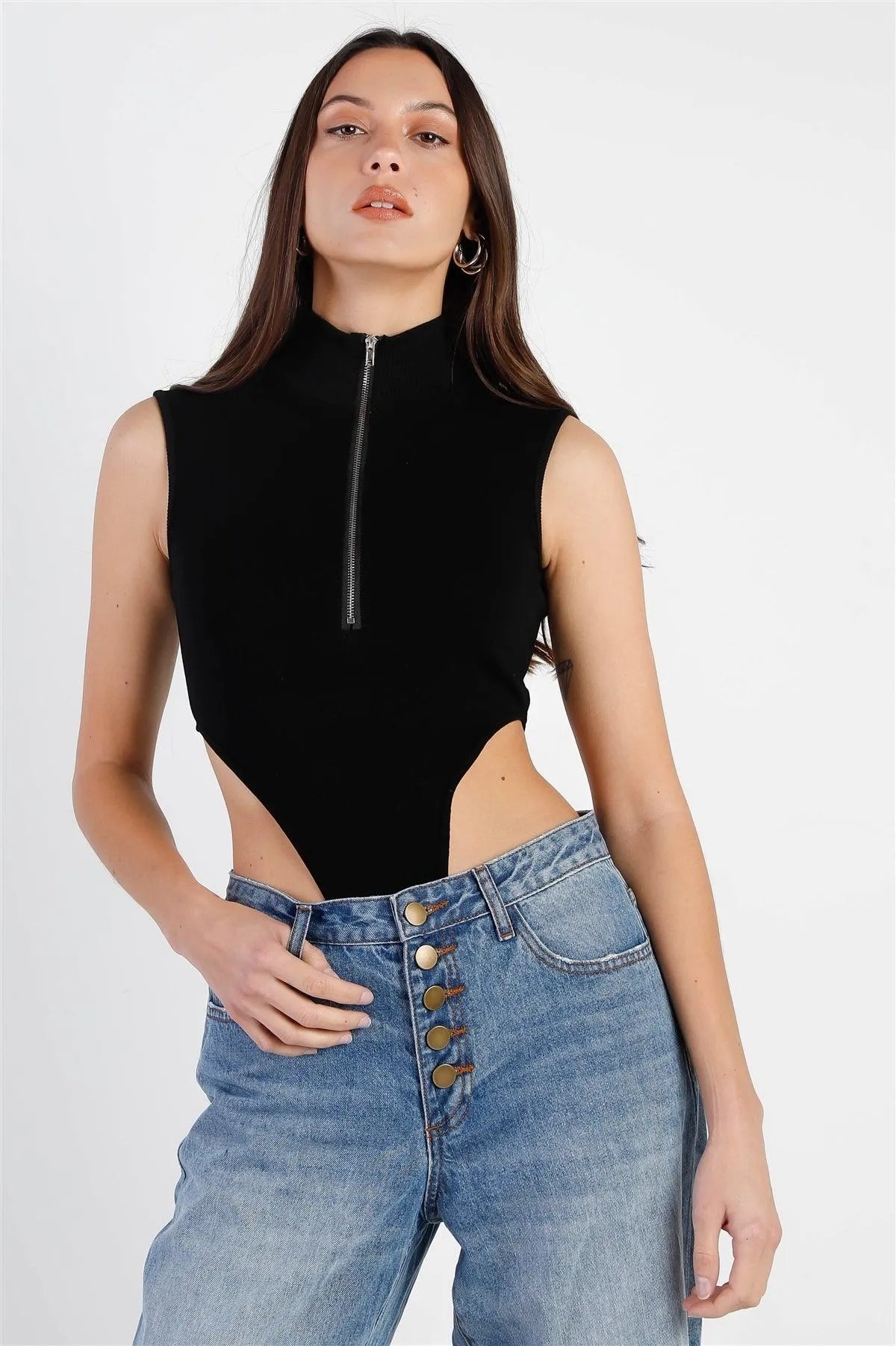 Black Cotton Zip-Up Mock Neck High Cut Bodysuit /3-2-1 - Tasha Apparel Wholesale