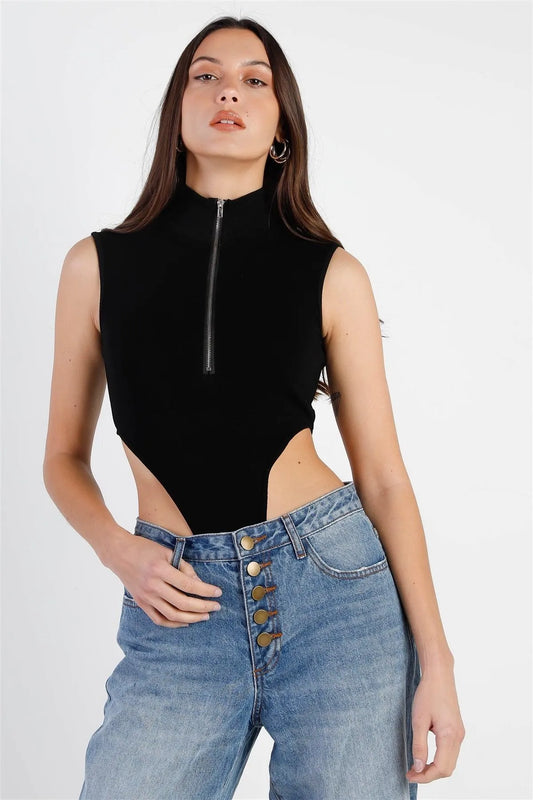 Black Cotton Zip-Up Mock Neck High Cut Bodysuit /3-2-1 - Tasha Apparel Wholesale