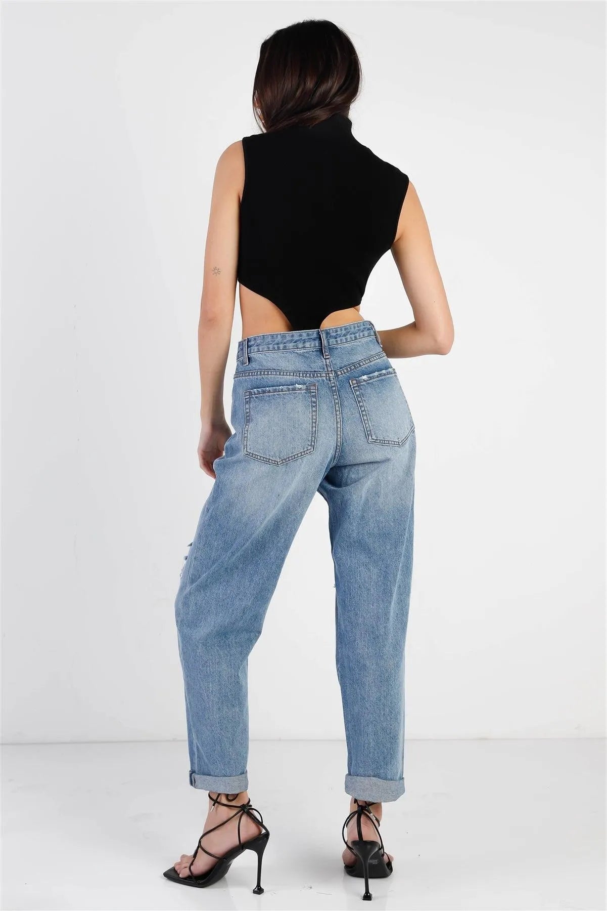 Black Cotton Zip-Up Mock Neck High Cut Bodysuit /3-2-1 - Tasha Apparel Wholesale