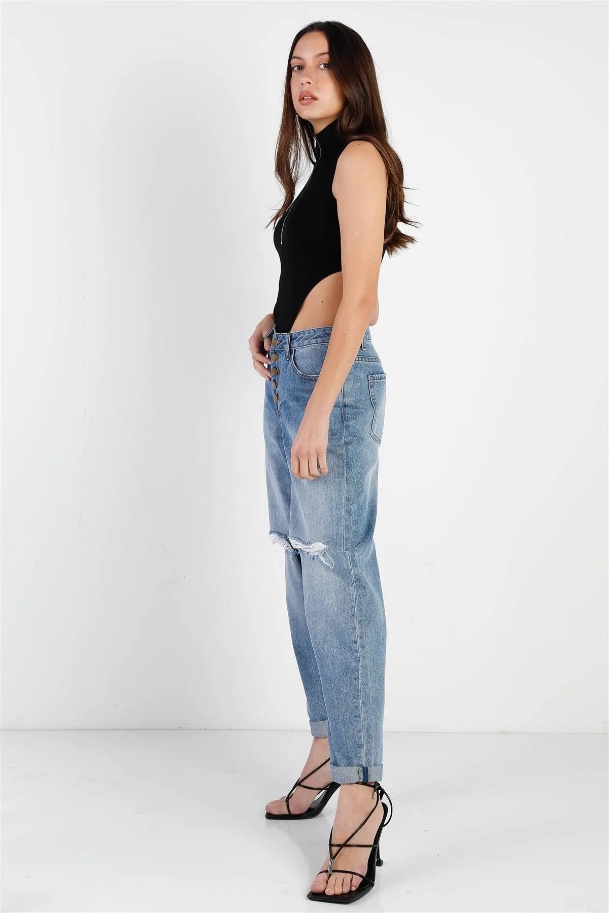 Black Cotton Zip-Up Mock Neck High Cut Bodysuit /3-2-1 - Tasha Apparel Wholesale