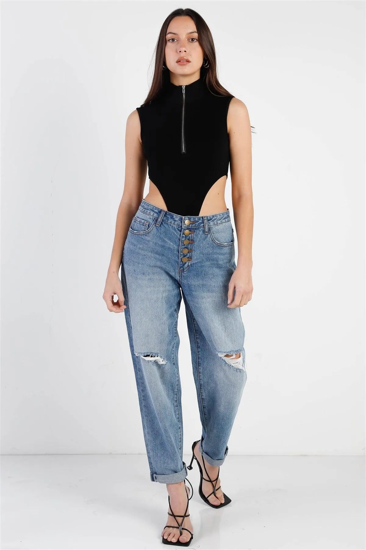 Black Cotton Zip-Up Mock Neck High Cut Bodysuit /3-2-1 - Tasha Apparel Wholesale